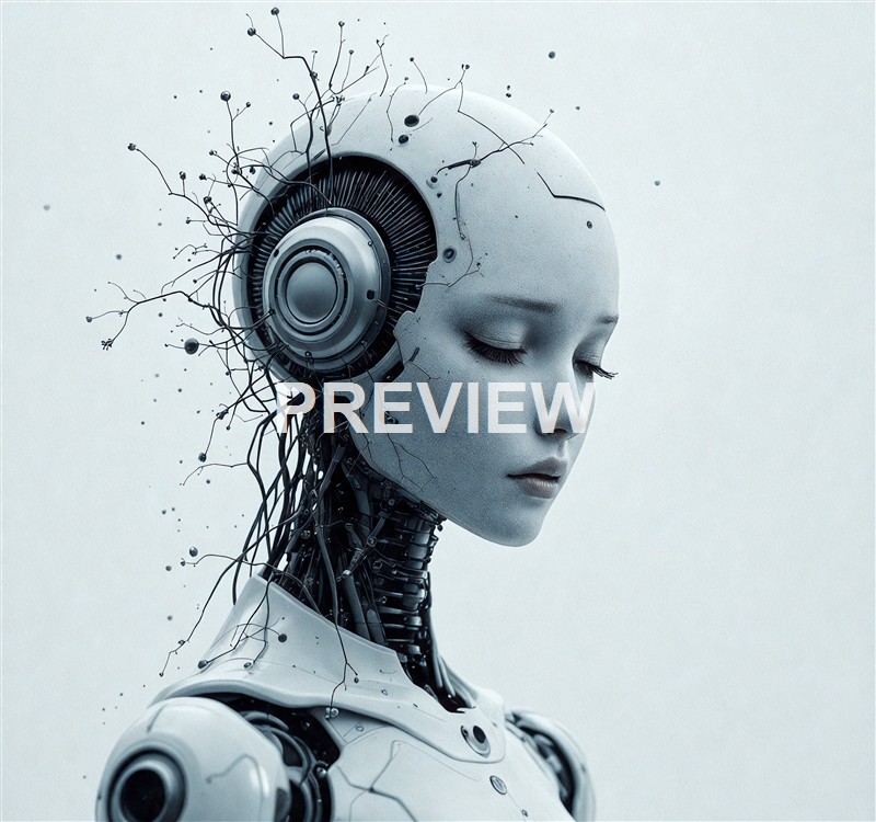 A highly detailed and futuristic depiction of a humanoid robot with a human-like face, closed eyes, and mechanical parts integrated into its head, with some organic-looking wires and elements extending outward.